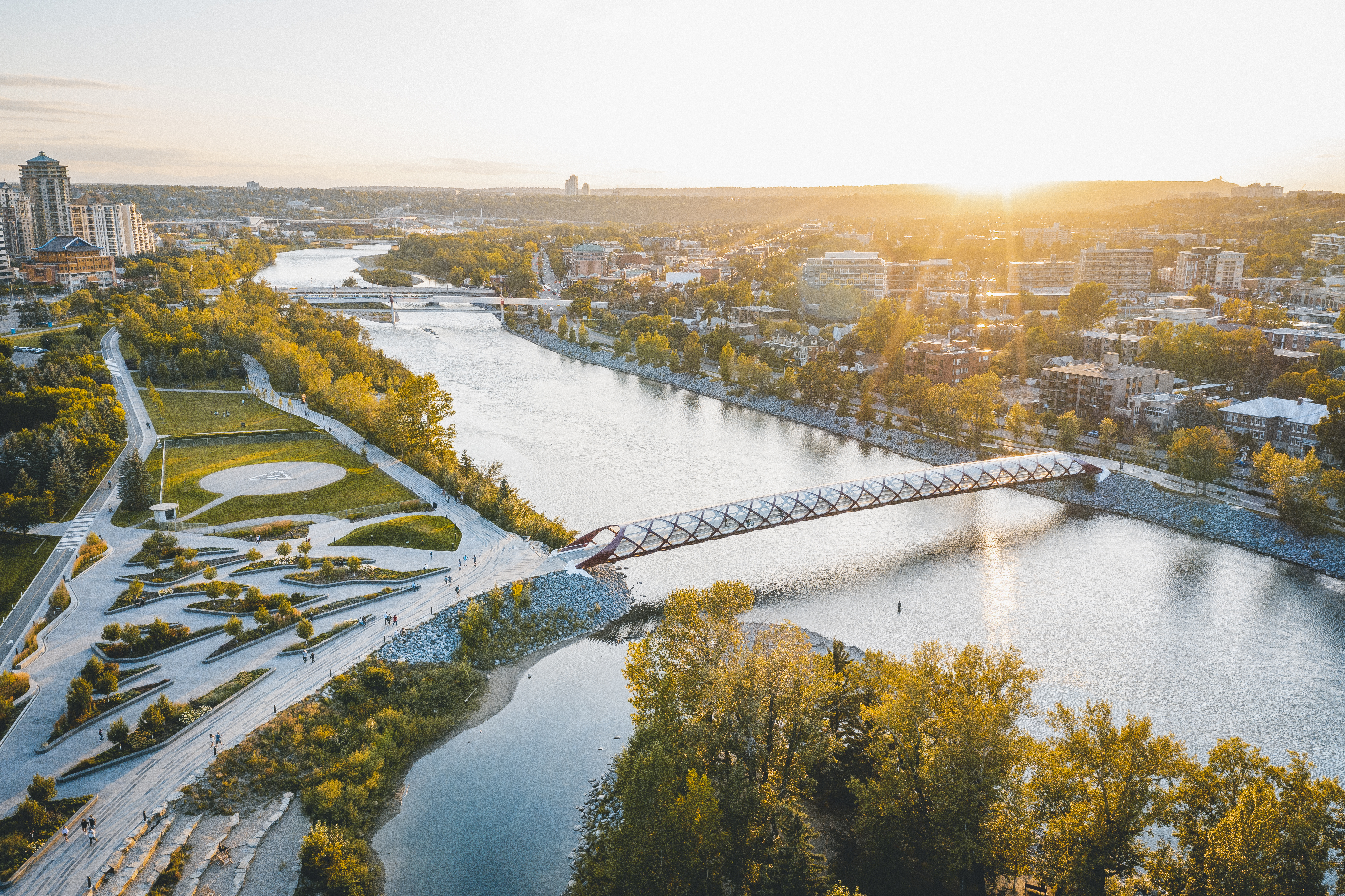Calgary’s Bow River and city skyline at sunset